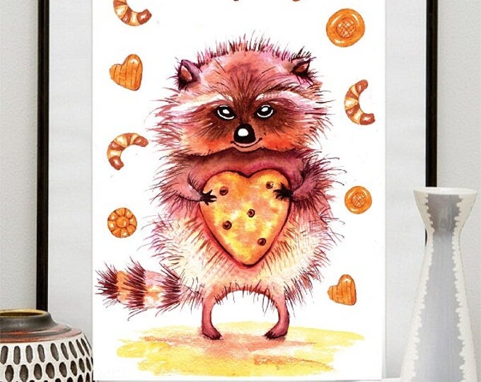 Printable poster Printing for gifts Home decor Wall Art Digital Print Watercolor illustration Raccoon sweet tooth