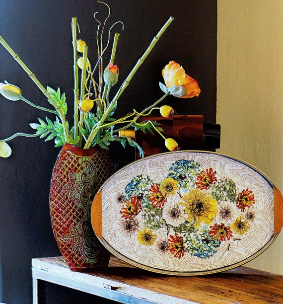 Decoupage flower art serving tray, rustic contemporary home decor, galvanized metal