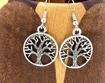 Tree of life round earrings silver, tree of life silver clips