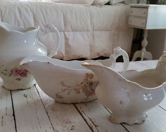 Vintage White Pitcher & 2 Gravy Boats