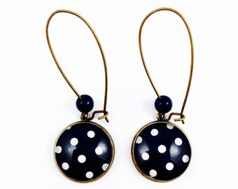 Bronze earrings * cabochon * white dots on dark blue background