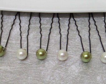 Hair pins, hair bun 8 mm khaki and ivory wedding hair accessory