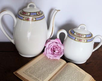 Ancienne théière, cafetière et sucrier assorti, porcelaine de Châtres sur Cher, vaisselle vintage