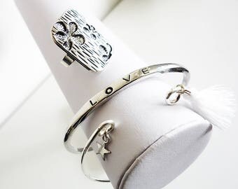 Ensemble de 2 bracelets joncs tendance Kawaii + 1 Bague ajustable - Bracelets joncs - Bague fleur - Bracelet couleur argent - Bracelet