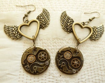 steampunk bronze winged heart earrings dangle earrings bronze steampunk winged heart