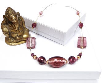 Plum and gold beads wire necklace with glass