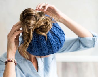 Messy Bun Toque Pattern - MJ's Messy Bun Hat Crochet Pattern - Big And Bulky Messy Bun Toque Crochet Pattern by MJ's Off The Hook Designs