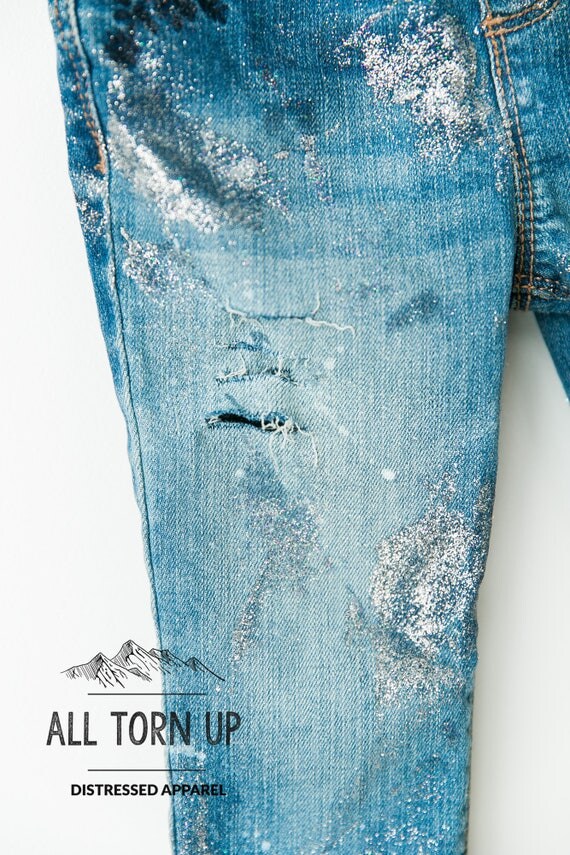 GLITTER SPARKLE Distressed Denim skinny jeans acid washed