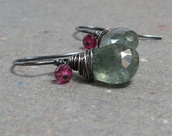 Moss Aquamarine Earrings Pink Tourmaline March Birthstone Oxidized Sterling Silver Earrings