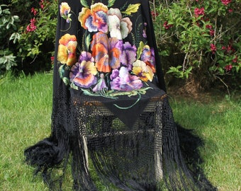 Stunning Antique Embroidered Silk Piano Shawl - Pansies