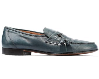 Us men 11 Blue LEATHER LOAFERS Shoes 80s Mens Vintage Slip On Dusty Blue Moccasins Retro Penny Tassel Gift for Men Swiss sz Eur 45 Uk 10.5