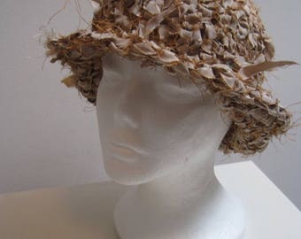 EARLY FALL SALE tan fabric hat brimmed hat recycled fabric hat unique hat spring hat sari scrap hat "dulcet"