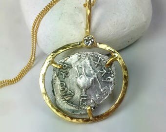 Bar Kochba Coin Pendant, Ancient coin, solid 18 kt gold and Diamond necklace , Ancient coin Jewelry, Authentic Coin