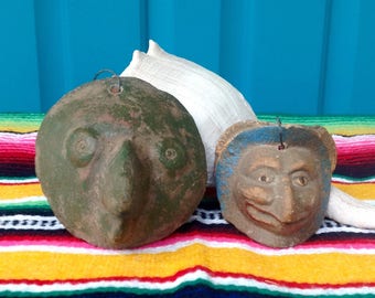 FREE SHIPPING-Vintage-Set of 2-Small Terracotta Folk Art Masks-Wall Decor Masks-Made in Mexico-Ethnic Decor-Tribal-Bohemian-Wall Statement