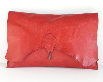 Raw edge leather clutch with vintage key - raspberry