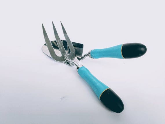 Gardening tools hand painted wooden handles fork and spade hand tools shovel trowel hand fork black and blue