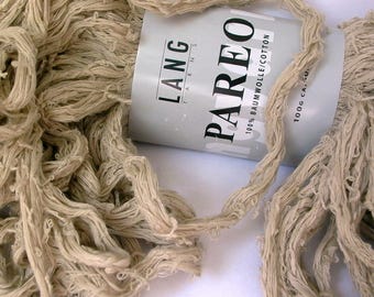 Lang Yarns Pareo super bulky cotton yarn . sand 26 . 55yd 100g . extra chunky tattered twisted slub cotton web tube yarn . beige khaki tan