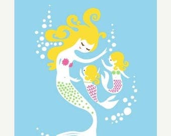 SUMMER SALE 8X10" mermaid mother & twin girls giclee print on fine art paper. sky blue, purple, green, pink, blonde.