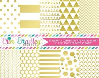 50% OFF SALE Gold Digital Paper Pack Digital Gold Foil Effect Commercial Use Scrapbook Paper Chevron Polka Dots Stripes Triangles