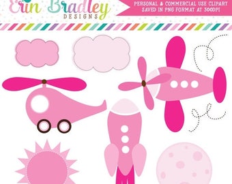 80% OFF SALE Girls Transportation Clipart, Airplane Clipart, To the Moon Clip Art Set in Pink, Helicopter Clip Art