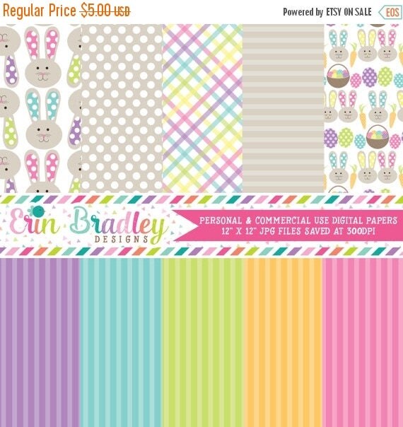 50% OFF SALE Easter Digital Paper Pack Bunnies Eggs and Stripes Commercial Use & Instant Download Il_570xn