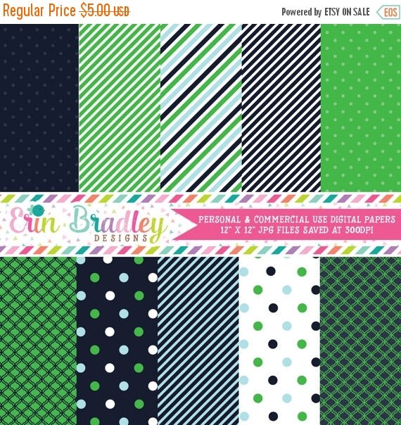 80% OFF SALE Digital Scrapbook Papers Personal and Commercial Use Preppy Navy Blue and Kelly Green Medley Il_570xn