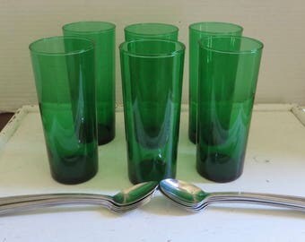 Vintage Anchor Hocking Forest Green Tall Iced Tea/Lemonade Drink Glasses set of 6 w/ Set of 9 Iced Tea Spoons