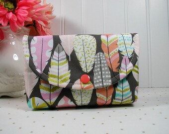 Snap Pouch, Large Snap Pouch, Cosmetic Pouch, Accessory Pouch, Feather Pouch.. Plucked in Coin, Michael Miller Arrow Flight,