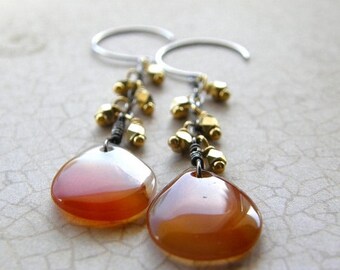 Summer Sale 20% Off Red Agate Earrings, Silver and Gold, Red and Orange Drop Earrings, Mixed Metal Dangle Earrings, Fringe Earrings