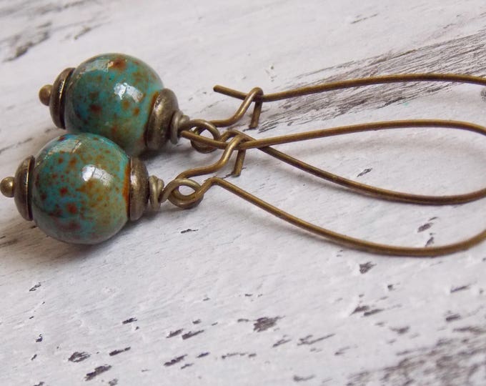 Green Ceramic Earrings Ceramic Robins Egg Brass Rustic Boho Earrings Bohemian Earrings Dangle Drop Woodland Jewelry