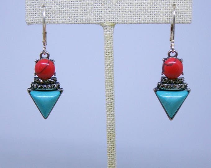 Turquoise Stone Earrings, Triangle Earrings, Red and Turquoise Southwestern Earrings, Geometric Earrings, Tribal Earrings