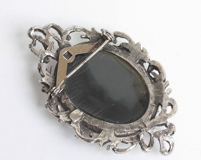 Molded Resin Cameo Brooch Off White and Black Fancy Silver Tone Frame Mid Century