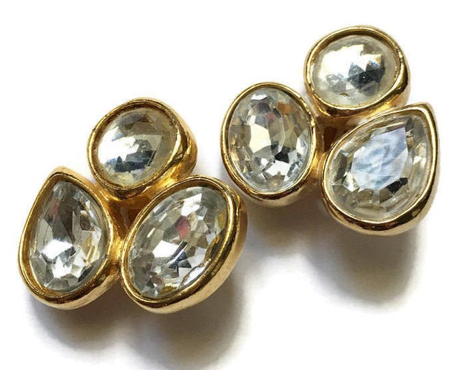 Bold Glitzy Crystal Rhinestone Earrings Faceted Glass Clip On