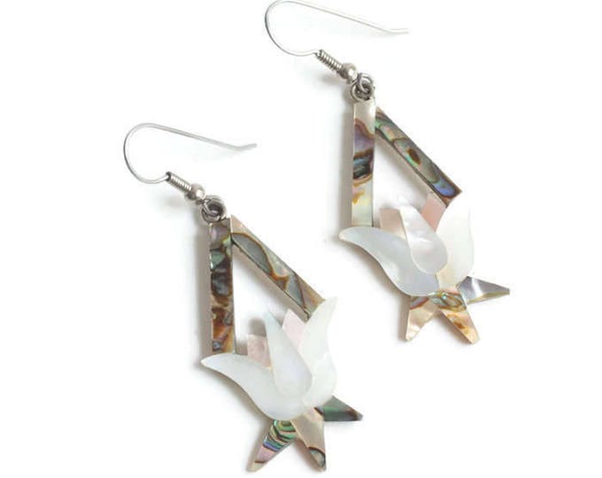 MOP and Abalone Dangle Floral Earrings Tulip Flower Design Mexico Vintage