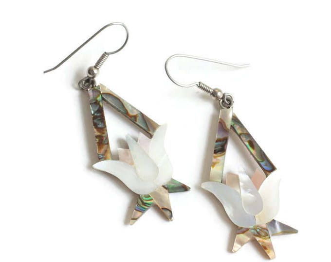 MOP and Abalone Dangle Floral Earrings Tulip Flower Design Mexico Vintage