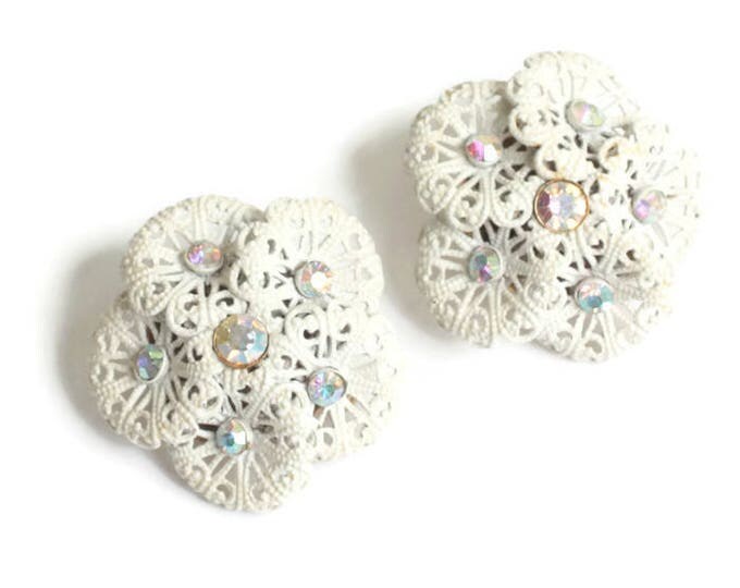 Marvella White Filigree Earrings AB Rhinestones Overlapping Circles Clip Ons Vintage