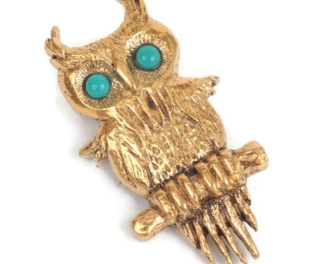 Designer Owl Pin Turquoise Eyes Gold Tone Vintage Figural Bird