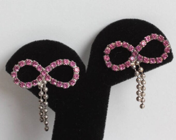 Pink Fuchsia Rhinestone Earrings Bow Shape Ball Chain Dangles Posts Vintage