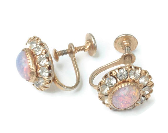 Simulated Opal and Rhinestone Earrings Signed Vargas Gold Tone Screw Back Vintage