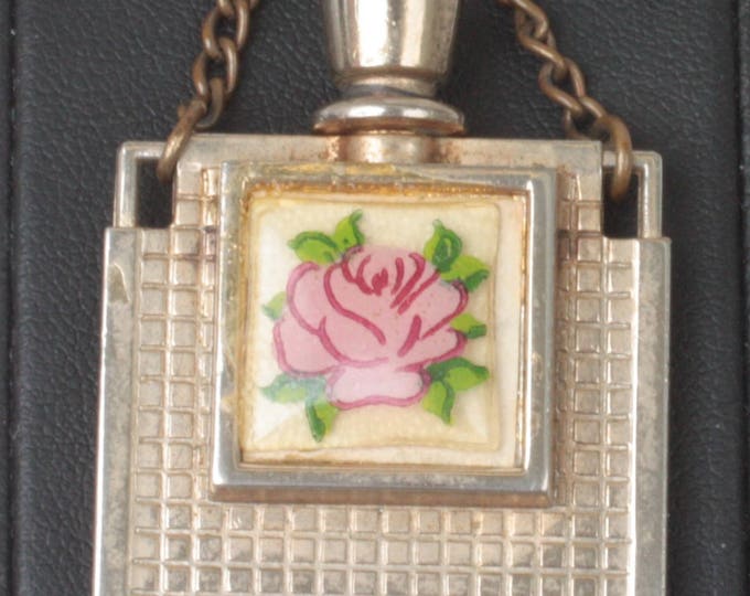 Miniature Perfume Flask Pink Rose Decoration Gold Tone Metal Vintage