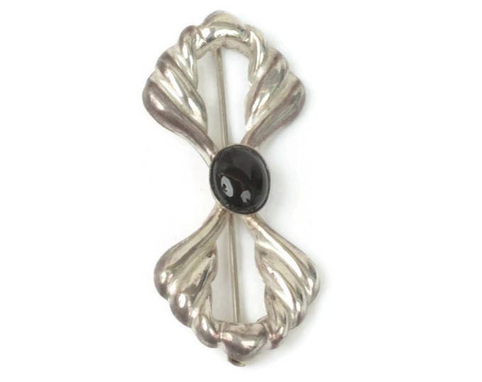 Sterling Silver and Onyx Bow Pin Brooch Open Repousse Design Vintage