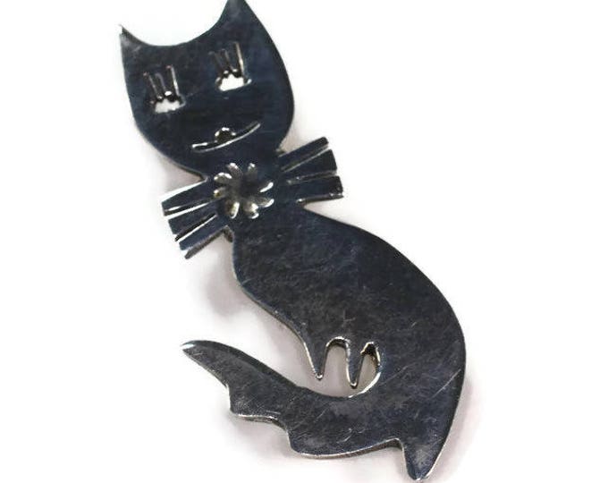 Smiling Cat with Bow Tie Brooch Sterling Silver Cut Out Design Curled Tail Taxco Mexico Signed