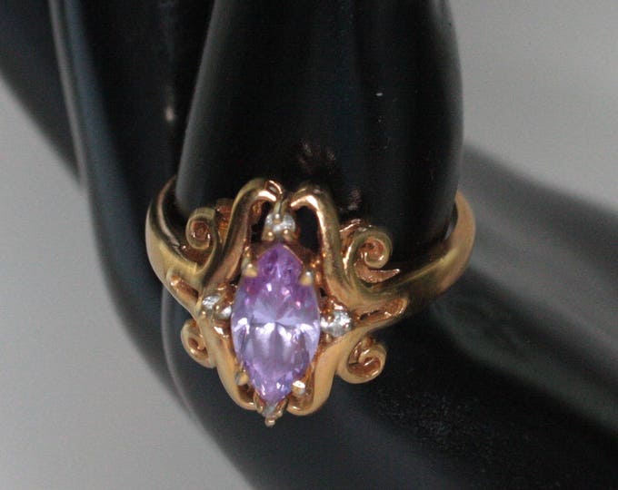 Amethyst Glass Ring Marquise Stone Fancy Setting Clear Accents Size 10 Vintage