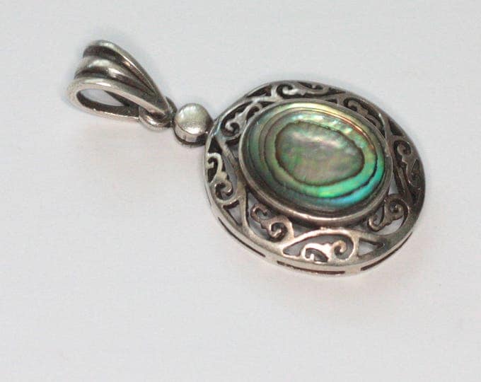 Abalone Shell Sterling Pendant Filigree Setting Oval Vintage