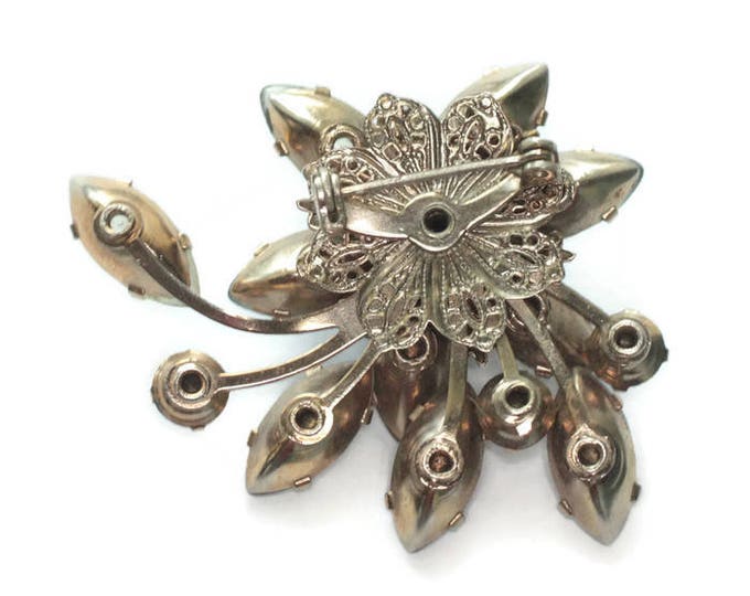 Frosted Gray Marquise Brooch Molded Glass Orange Rhinestones Swirled Design 1950s Vintage