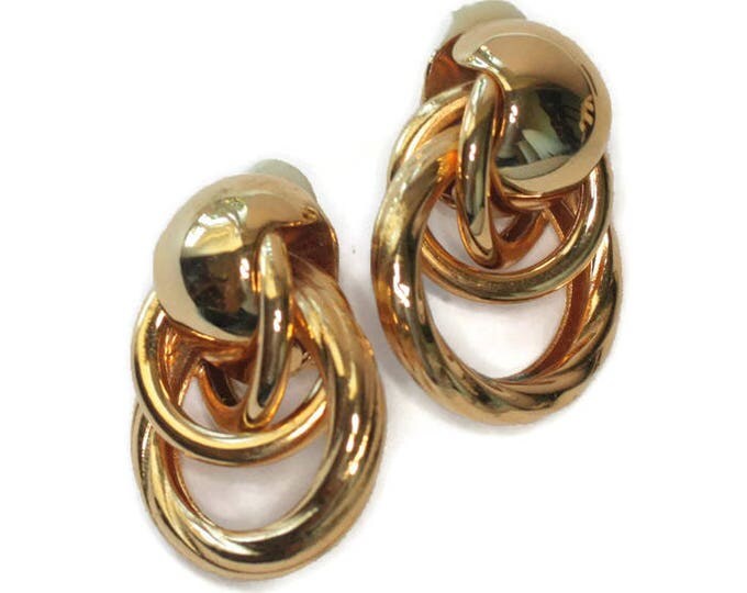 Gold Tone Chunky Earrings Dimensional Intertwined Circles Clip On Vintage