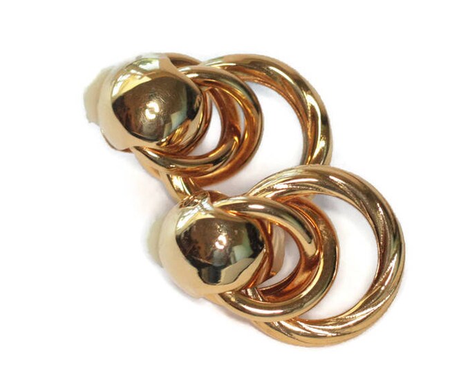 Gold Tone Chunky Earrings Dimensional Intertwined Circles Clip On Vintage