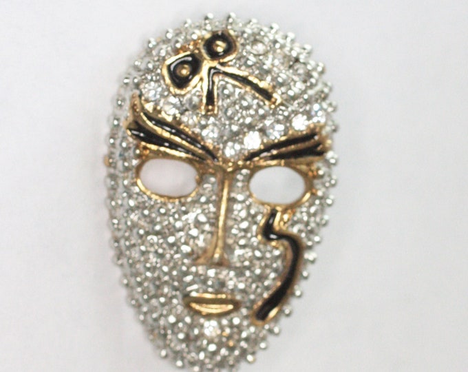 Vintage Face Mask Pin Brooch Rhinestones Gold and Silver Tone Mask Pin