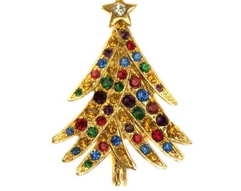 1980s Multi Color Rhinestones Gold Plated Holiday Christmas Tree Vintage Pin Brooch
