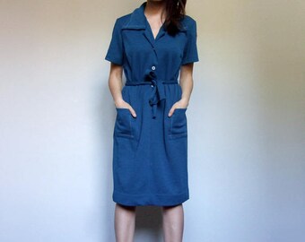 Teal Blue Dress Pockets Womens Vintage Clothing Short Sleeve Day Dress - Large to Extra Large L XL